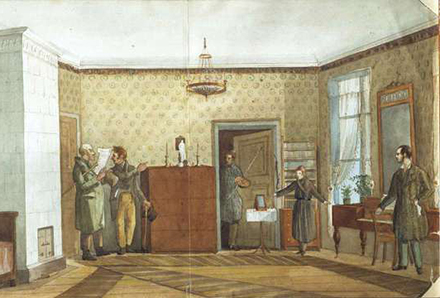 "Utmätningen" en akvarell av Josef Stäck som visar hur det kunde gå för konsumtionsfriska borgare. 1840